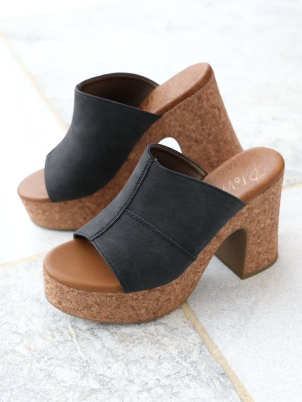 Black Cork Platform Mule Heels with Chunky Block Heel- NIB